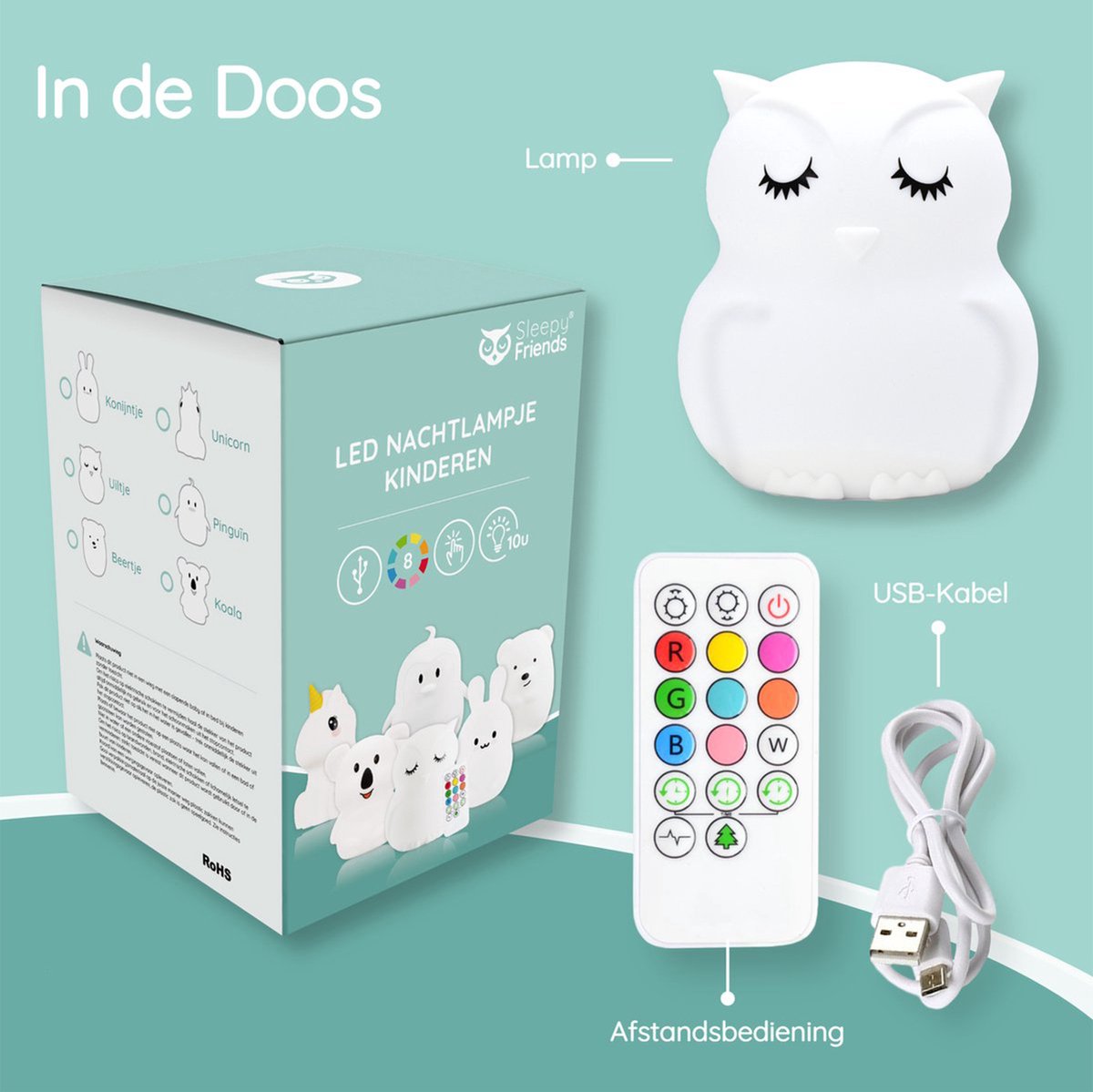 Sleepy Friends Kinder Nachtlampje Uiltje – Dimbaar Nachtlampje Baby & Kind – 8 Kleuren – USB Oplaadbaar – Touch & Afstandsbediening – 95 x 97 x 100 mm – 169g