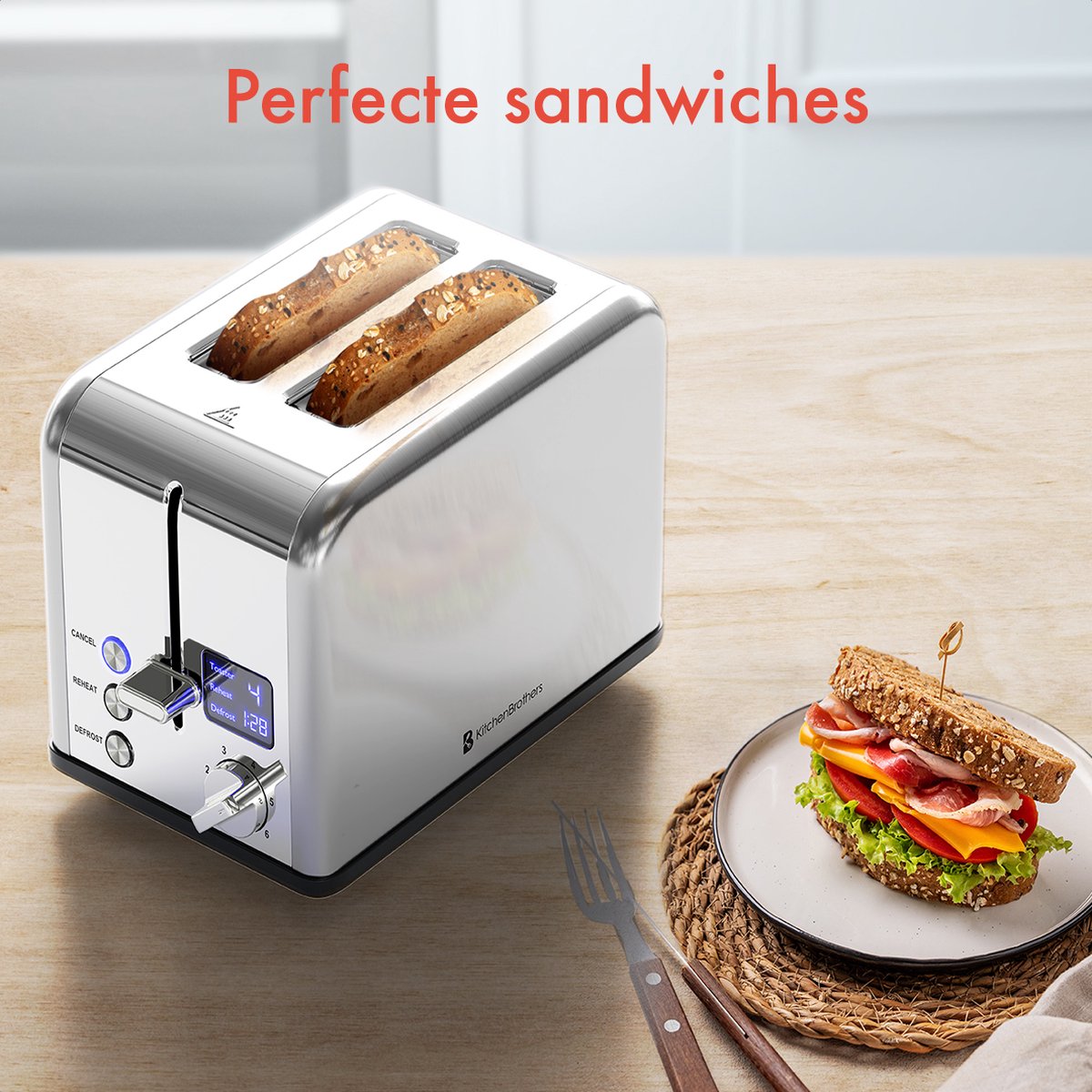 KitchenBrothers Broodrooster - Toaster - 6 Warmteniveaus - 2 Extra Brede Sleuven - 815W - RVS/Zilver