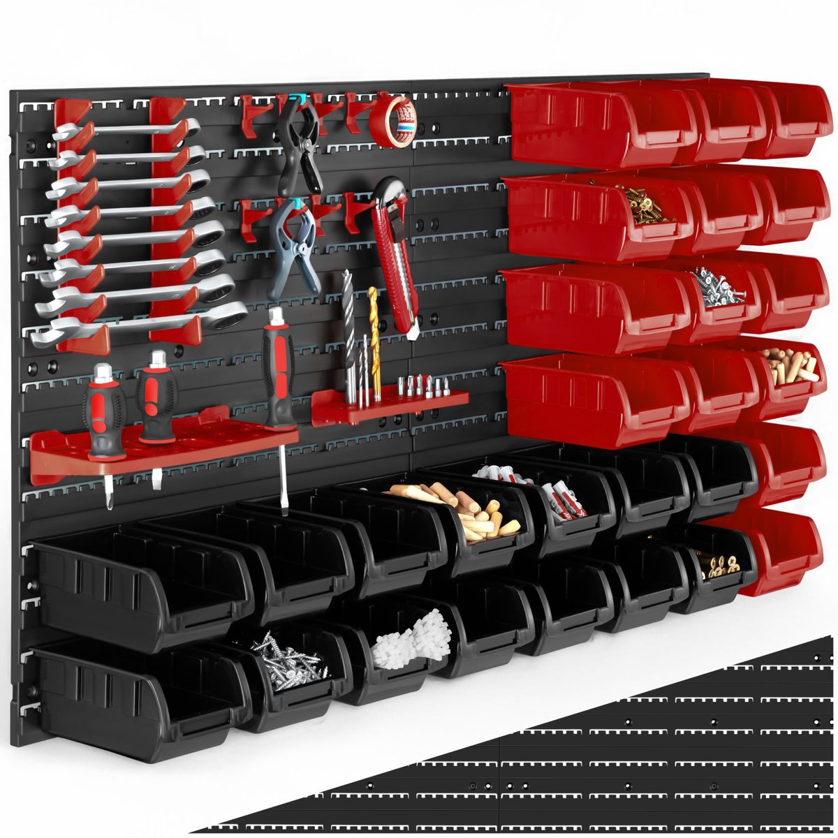 tectake werkplaats gereedschapswand - 96x17x54 cm - Zwart/Rood - 28 Opbergbakken & Wandhouders