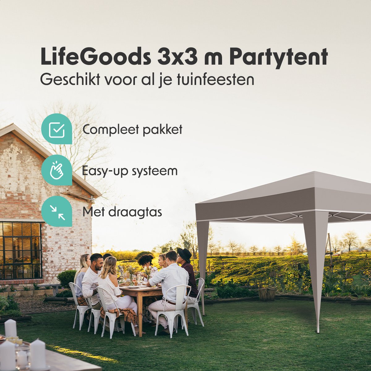 LifeGoods Partytent - Paviljoen - EasyUp - Opvouwbaar - Waterdicht - Met Draagtas - 300 x 300 cm - Beige