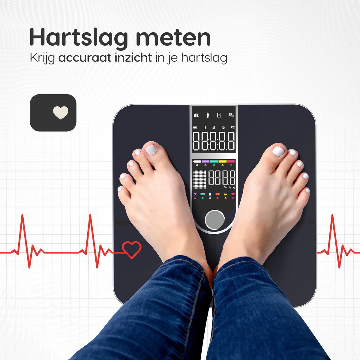 Dymac Quantum Fit Weegschaal Personenweegschaal Digitaal - Zwart - Slimme Weegschaal met 16x Lichaamsanalyse o.a. Vetpercentage - Incl. App