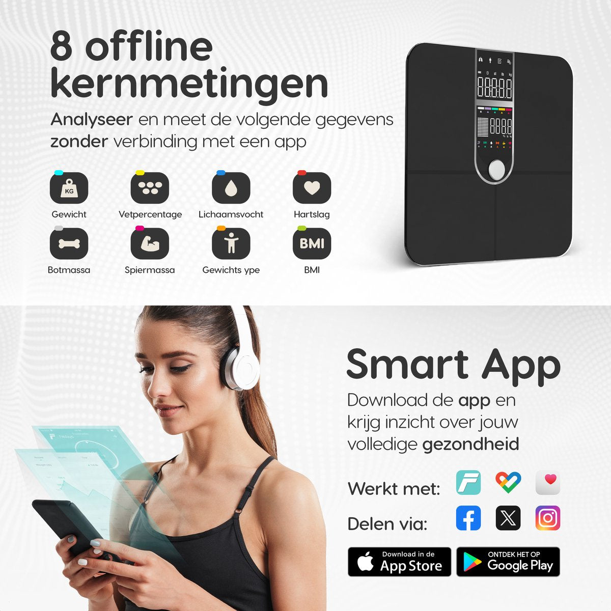 Dymac Quantum Fit Weegschaal Personenweegschaal Digitaal - Zwart - Slimme Weegschaal met 16x Lichaamsanalyse o.a. Vetpercentage - Incl. App