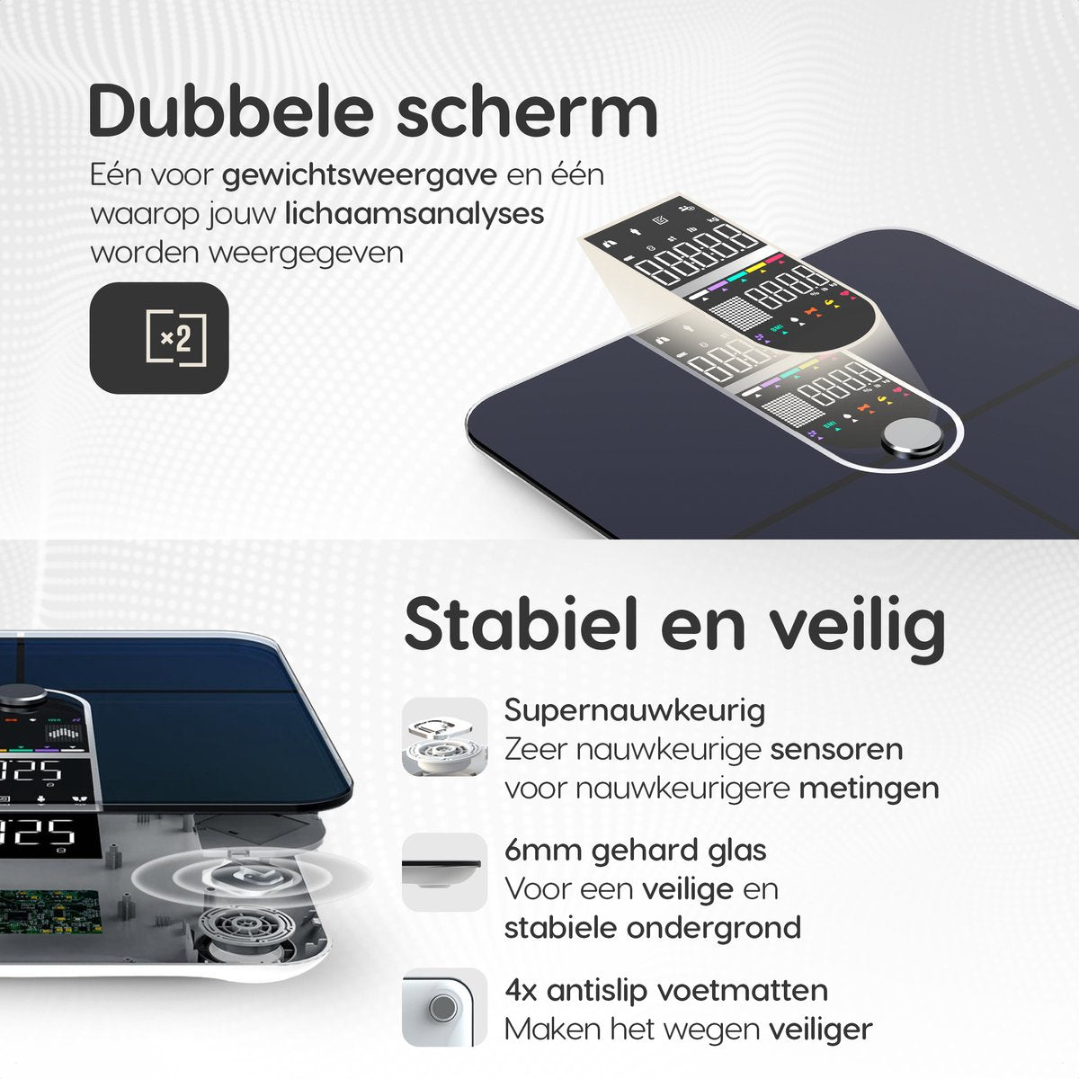 Dymac Quantum Fit Weegschaal Personenweegschaal Digitaal - Zwart - Slimme Weegschaal met 16x Lichaamsanalyse o.a. Vetpercentage - Incl. App