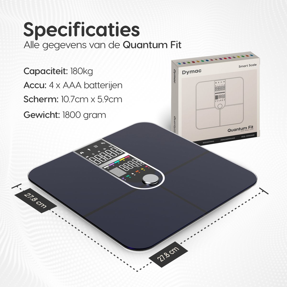 Dymac Quantum Fit Weegschaal Personenweegschaal Digitaal - Zwart - Slimme Weegschaal met 16x Lichaamsanalyse o.a. Vetpercentage - Incl. App