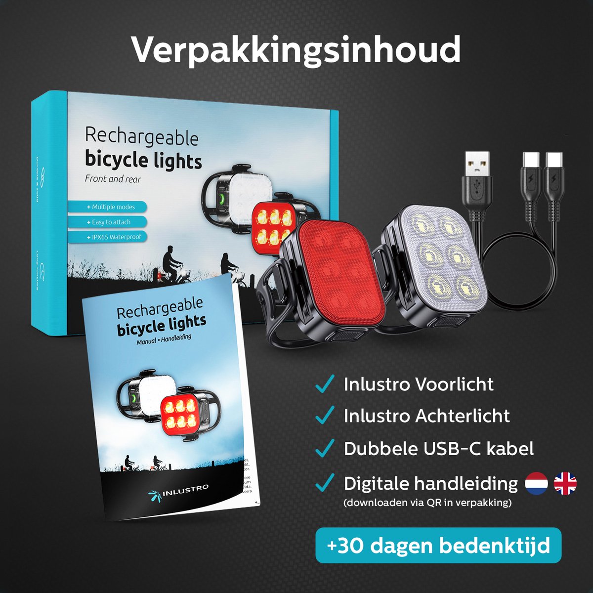 Inlustro LED Fietslamp Set – Voor- en Achterlicht – USB Oplaadbaar – Waterdicht – 7,5 x 3,2 cm – Zwart