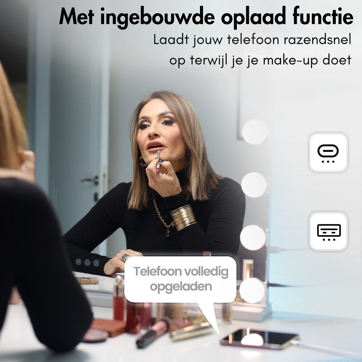 Sansbeauté® Hollywood Spiegel 80x62,5 cm - Make-up Spiegel - 18 LED Lampen - 10x Vergroting - Dimbaar - USB Oplaadpoort - Touch Control - Wit