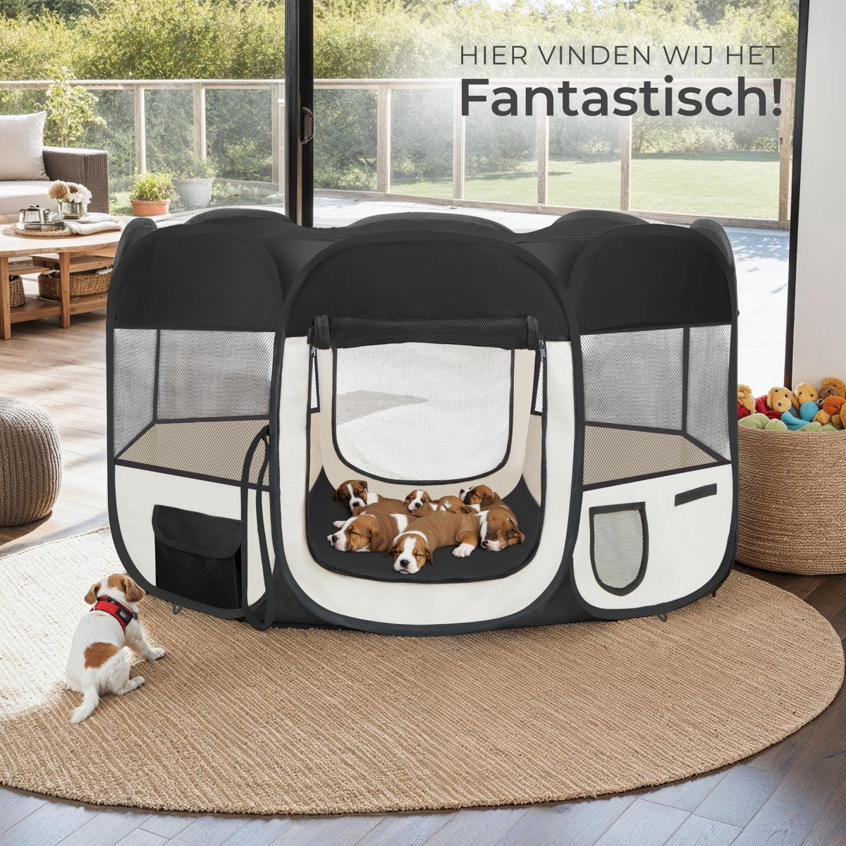Tectake Opvouwbare Puppyren - beige met zwart - 125 x 125 x 64 cm - Incl. Draagtas