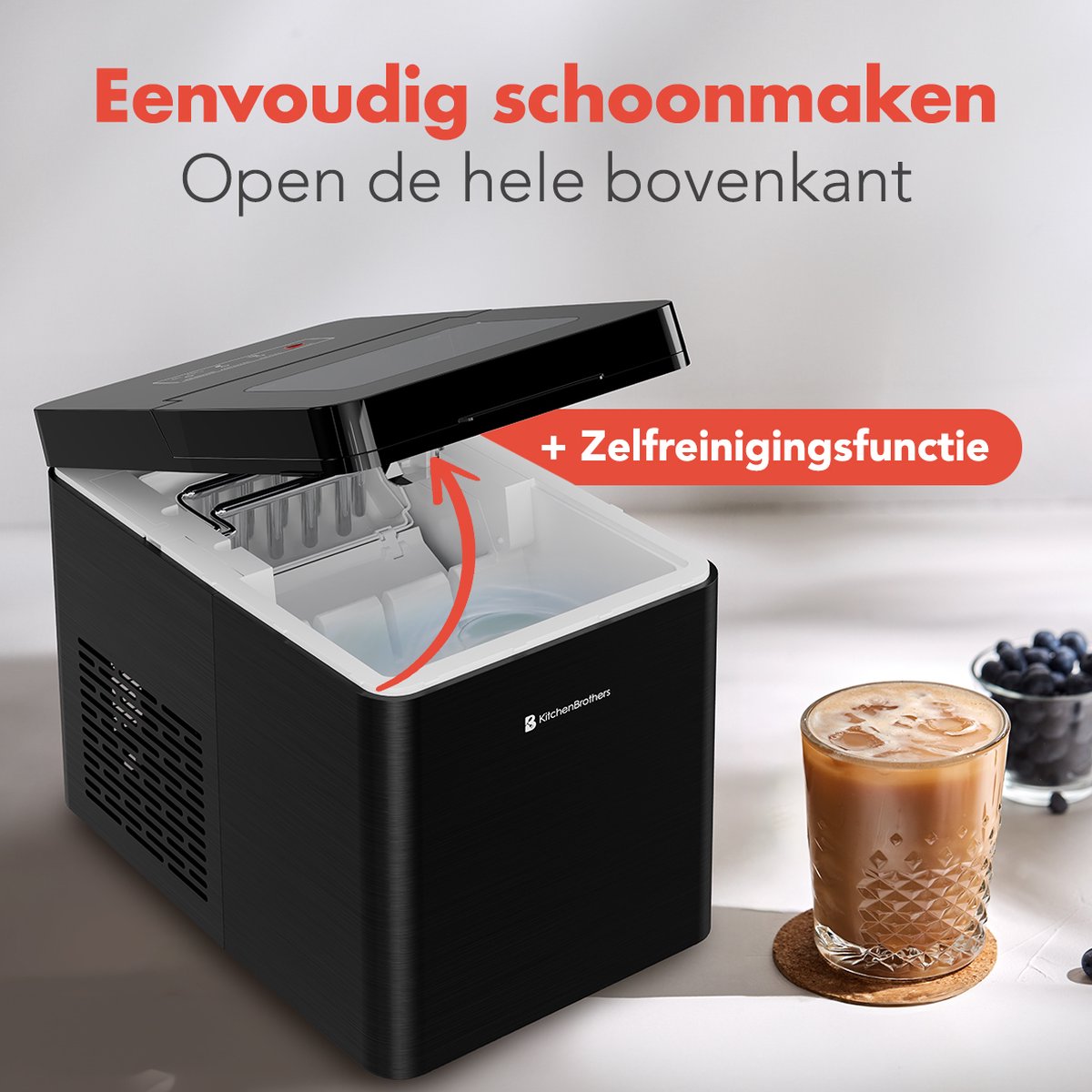KitchenBrothers IJsblokjesmachine - 2.1L - Zeilfreinigingsfunctie - 15kg/24uur - Zwart