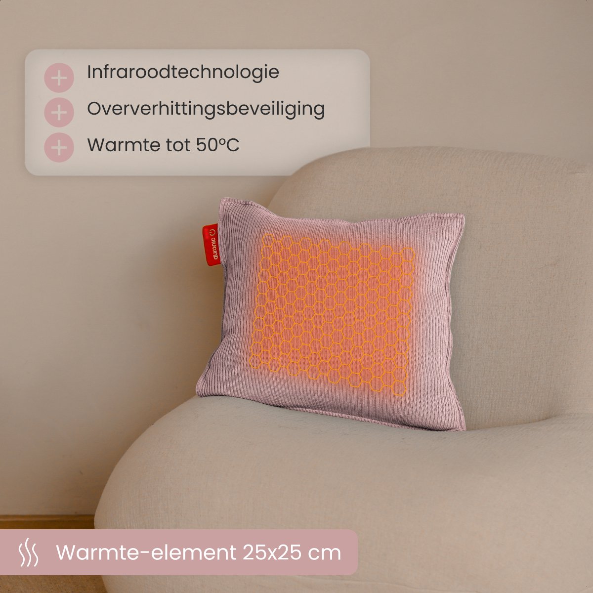 Auronic Warmtekussen - Knitted - 45x45 cm - Draadloos - Oplaadbaar - Elektrisch - Infrarood - Poederroze