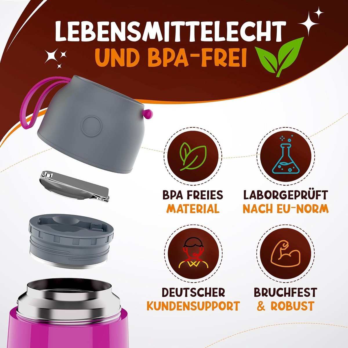 FUNKELFUCHS® Thermobeker voor kindervoeding - 500ml, roze eenhoorn - 100% lekvrij - Roestvrijstalen voedselwarmer - Thermo beker eten - Thermo lunchbox kinderen - Baby voedselwarmer