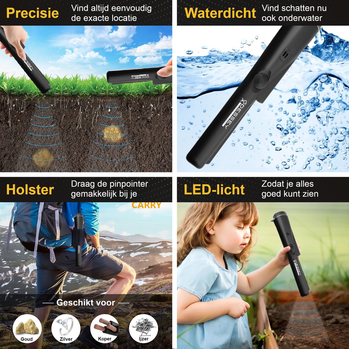 ODESSEY Metaaldetector Explorer met Pinpointer - Verstelbaar - Waterdichte Spoel - Voor Beginners en Volwassenen