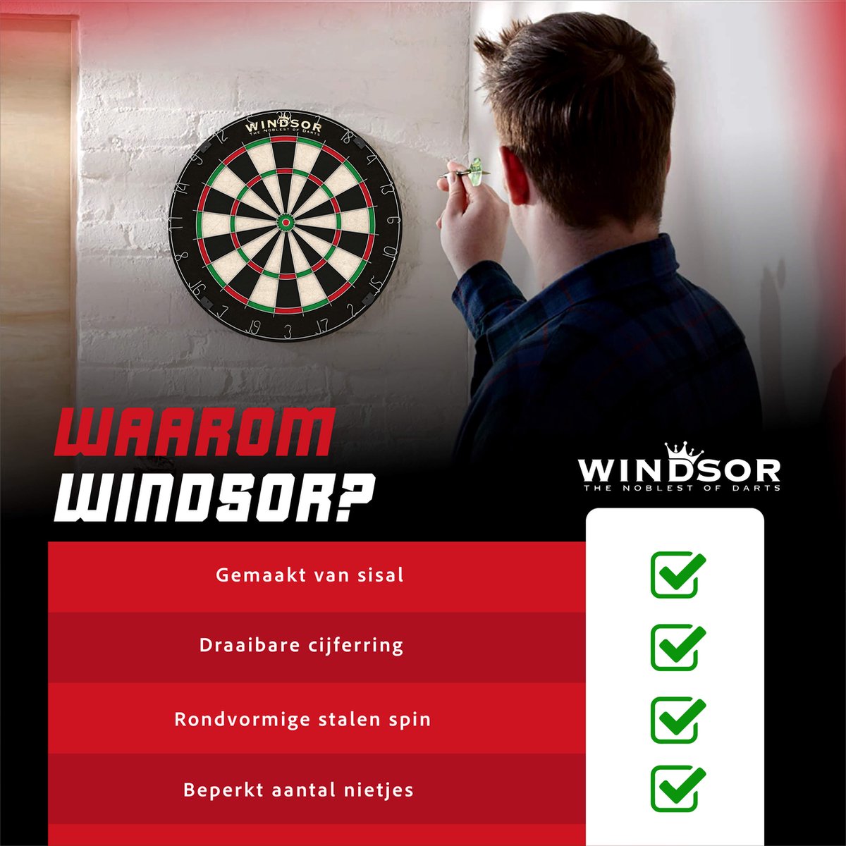 WINDSOR Dartbord - met Dartpijlen & Accessoires - Sisal - Dartboard - Knight 3