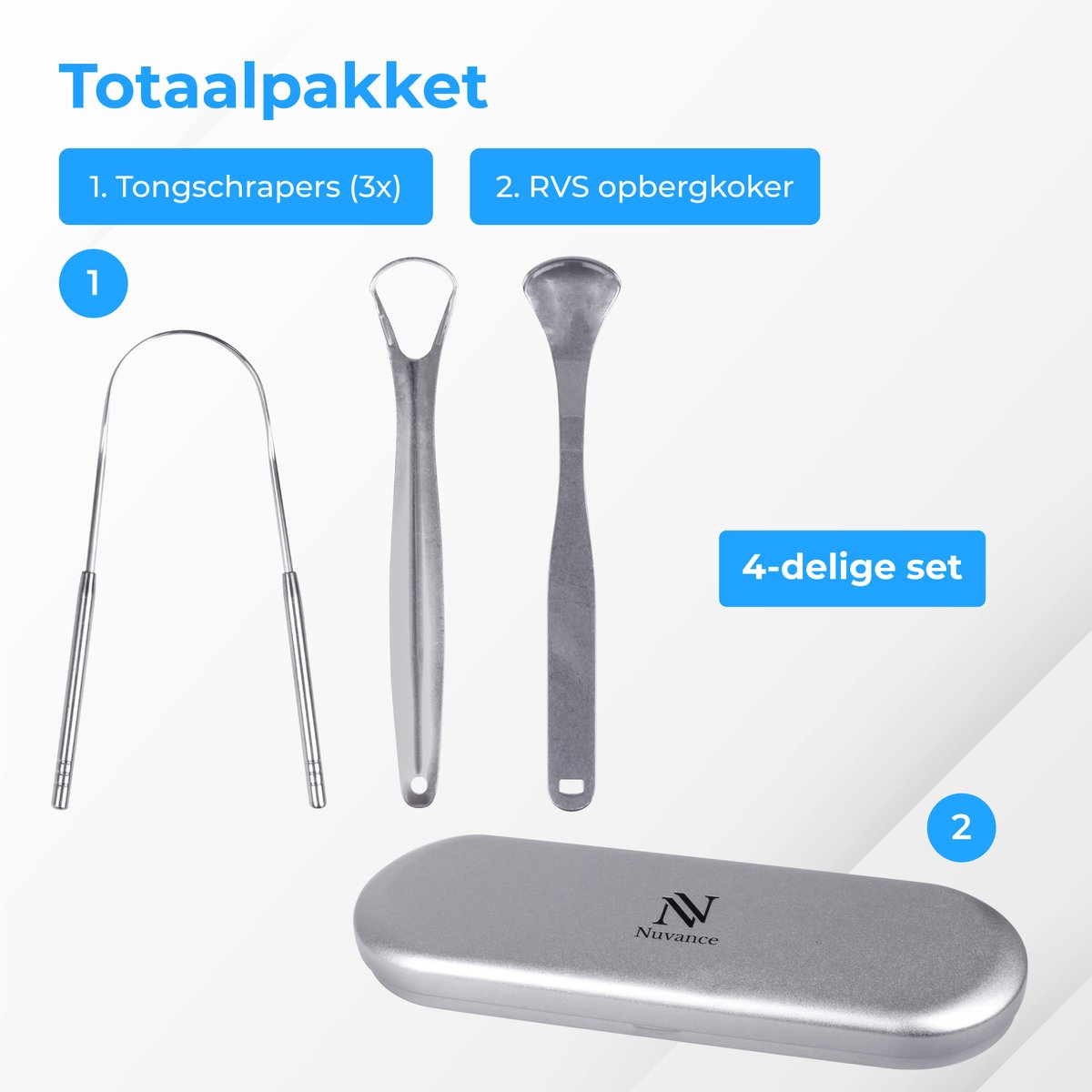 Nuvance - Professionele Tongschraper - 3 in 1 Set - voor Mondverzorging - Tongreiniger - Tong Schraper - Tongue Scraper - RVS