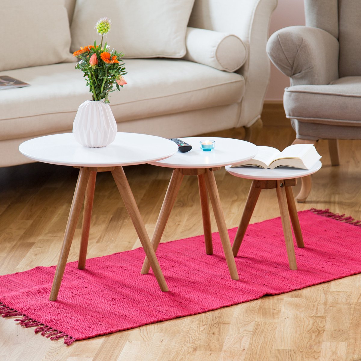 WOLTU Bijzettafel Set van 3 Wit/Walnoot - 50, 40 en 32 cm - Rond - Nestbaar