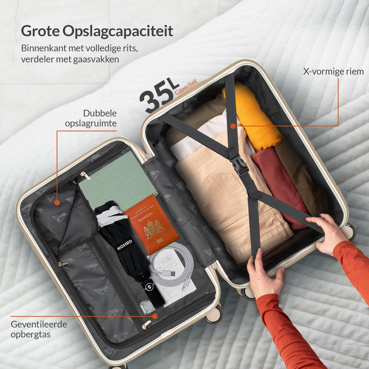 Nohrd Handbagage Koffer 35 L - Spinner Wielen - Trolley Lichtgewicht - Dubbel TSA Slot - Reiskoffer - Handig Voorvak - Ivoor