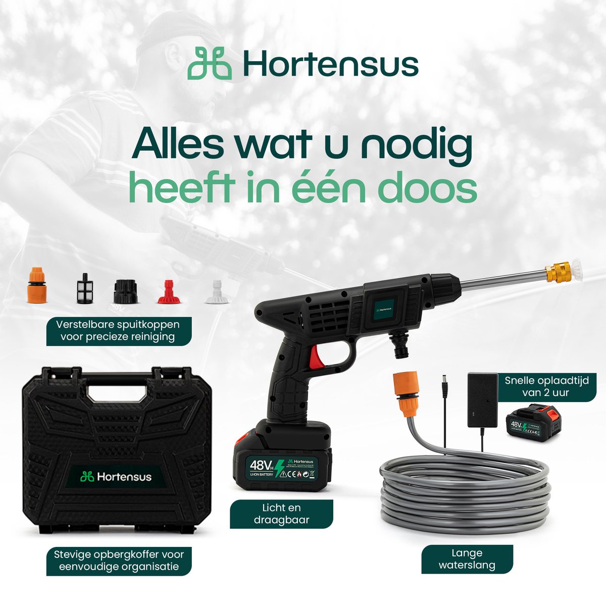 Hortensus 3-in-1 Hogedrukreiniger - Draagbaar - Incl. 48V-Accu en Opbergbox - 25 bar werkdruk - Zwart