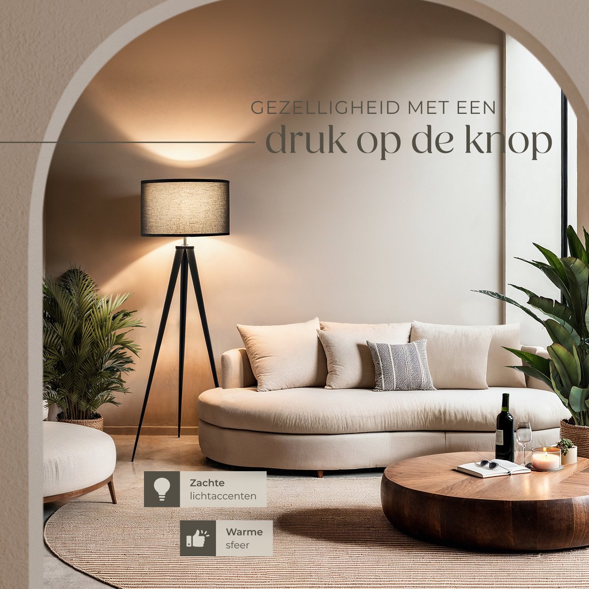 tectake® Vloerlamp - Staande lamp 3-poot - 158 cm hoog - Linnenlook kap - Voetschakelaar - Zwart
