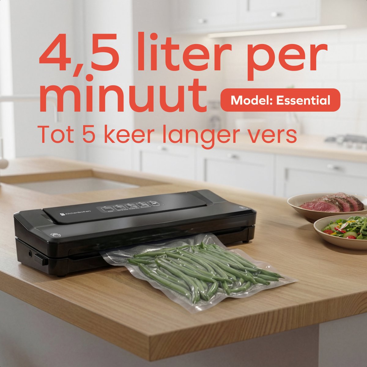 KitchenBrothers – Vacumeermachine – 4 Functies & Inclusief 40 PFAS-vrije Zakken – Voorzien Van Pulse-functie En Vacuümslang – Voor Sous-vide En Meal Prep – Zwart Kunststof