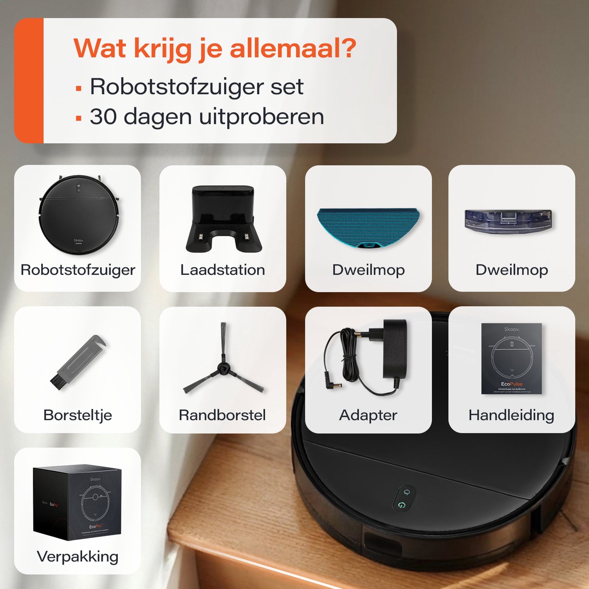 Skoov Robotstofzuiger – Met Dweilfunctie, App-bediening & 2000 PA Zuigkracht – 30 x 30 x 9,7 cm – Zwart