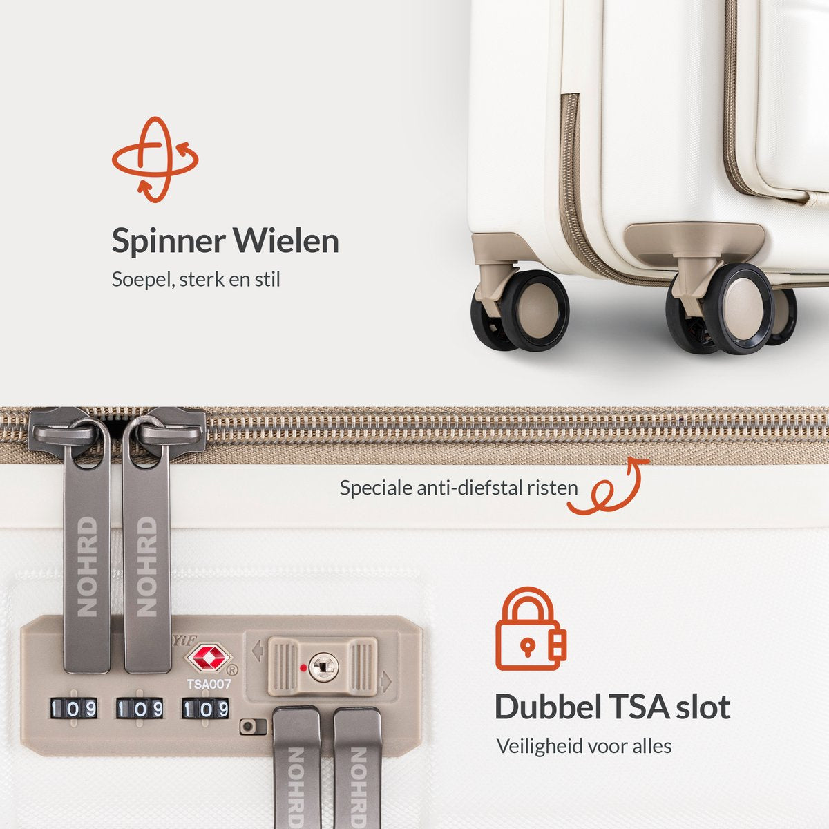 Nohrd Handbagage Koffer 35 L - Spinner Wielen - Trolley Lichtgewicht - Dubbel TSA Slot - Reiskoffer - Handig Voorvak - Ivoor