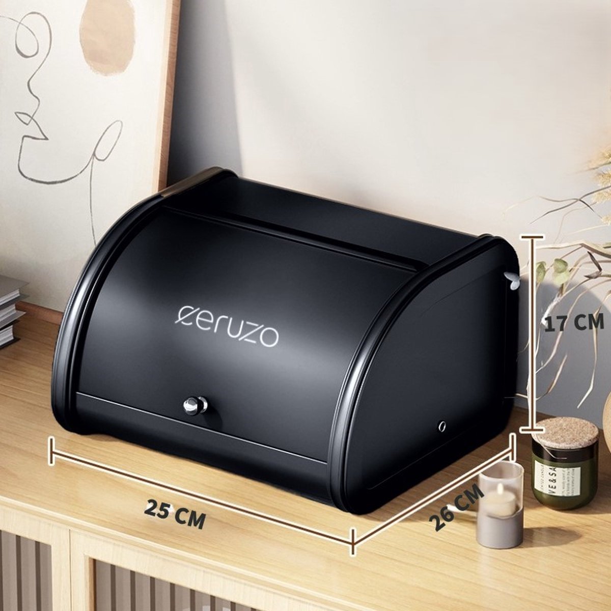 Ceruzo - Broodtrommel-Schuifdeksel - Retro Design- Opbergbox voor Keuken- Mat Zwart- 25 x 26 x H17 cm