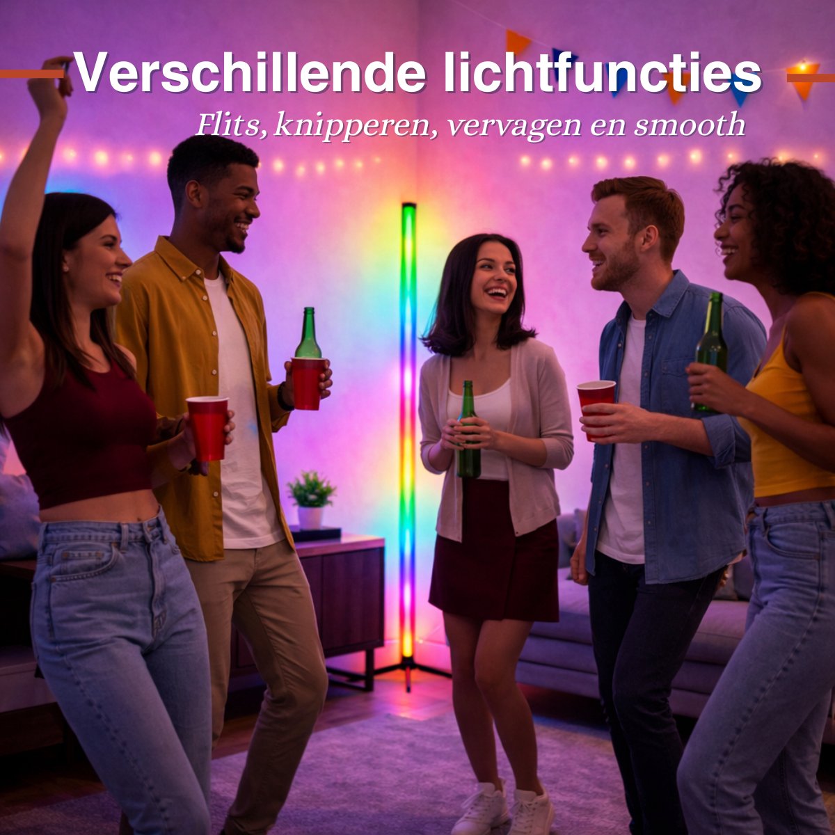 Grundig LED Vloerlamp 120 cm – RGB Staande Lamp met Afstandsbediening – USB Aangedreven – Sfeerlamp voor Woonkamer, Slaapkamer en Gaming – 4 Lichtmodi, 60 LED’s