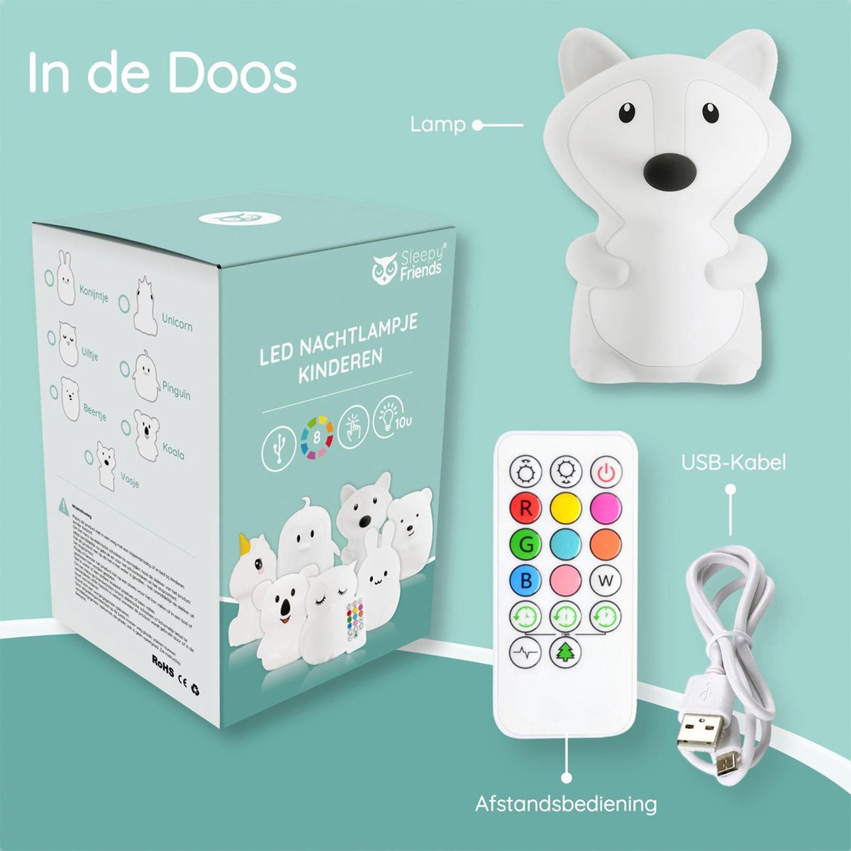 Sleepy Friends Kinder Nachtlampje Vosje - USB Oplaadbaar en Dimbaar - 8 Kleuren - 95x97x100 mm - Zacht Siliconen Nachtlampje voor Babykamer en Kinderkamer