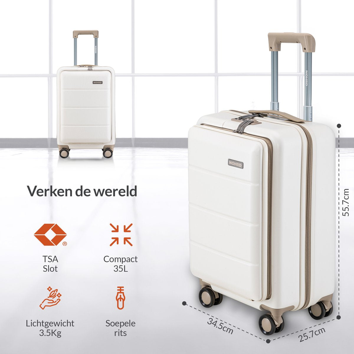 Nohrd Handbagage Koffer 35 L - Spinner Wielen - Trolley Lichtgewicht - Dubbel TSA Slot - Reiskoffer - Handig Voorvak - Ivoor