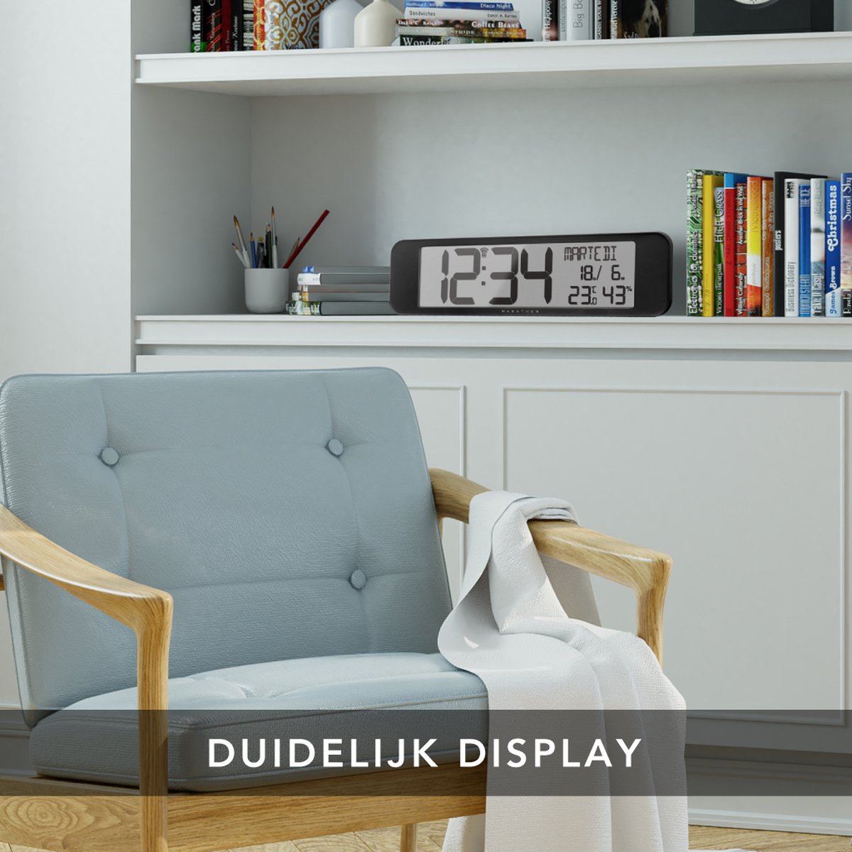 Marathon Vancouver Radiogestuurde Kalenderklok – Zwart – 36,8 x 23,5 cm – Ultrawide Display met Grote Cijfers