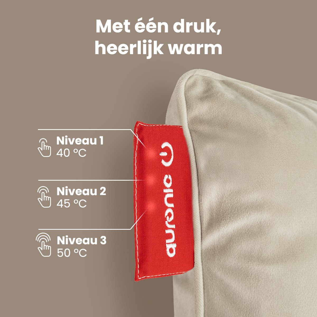 Auronic Draadloos Warmtekussen – Velvet 45x45 cm | Oplaadbaar & Elektrisch | Infrarood Verwarming | 3 Warmtestanden | Taupe