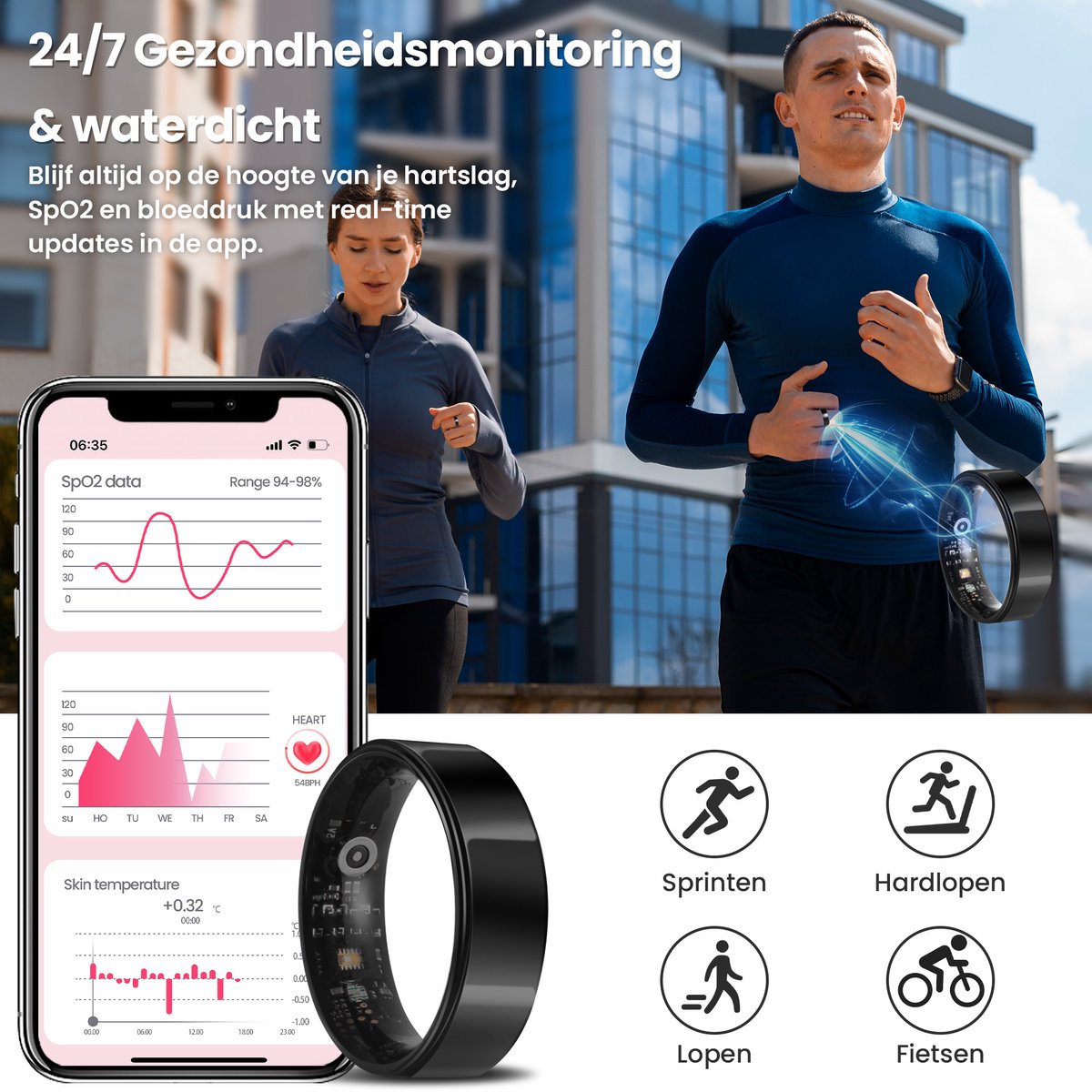 Saaf Smart Ring - Zwart - Maat 8 - Slanke Activity Tracker voor Dames en Heren