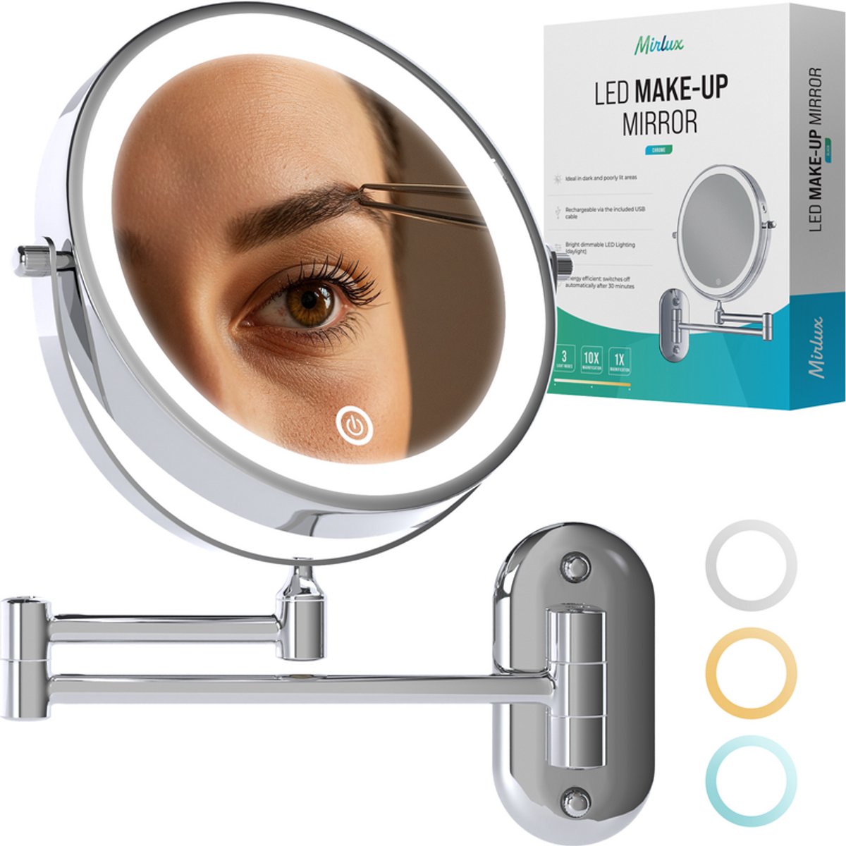 Mirlux Make-Up Spiegel met LED Verlichting 20 cm – 10x Vergroting – Oplaadbaar – Wandspiegel met Uitschuifbare Arm – Chroom