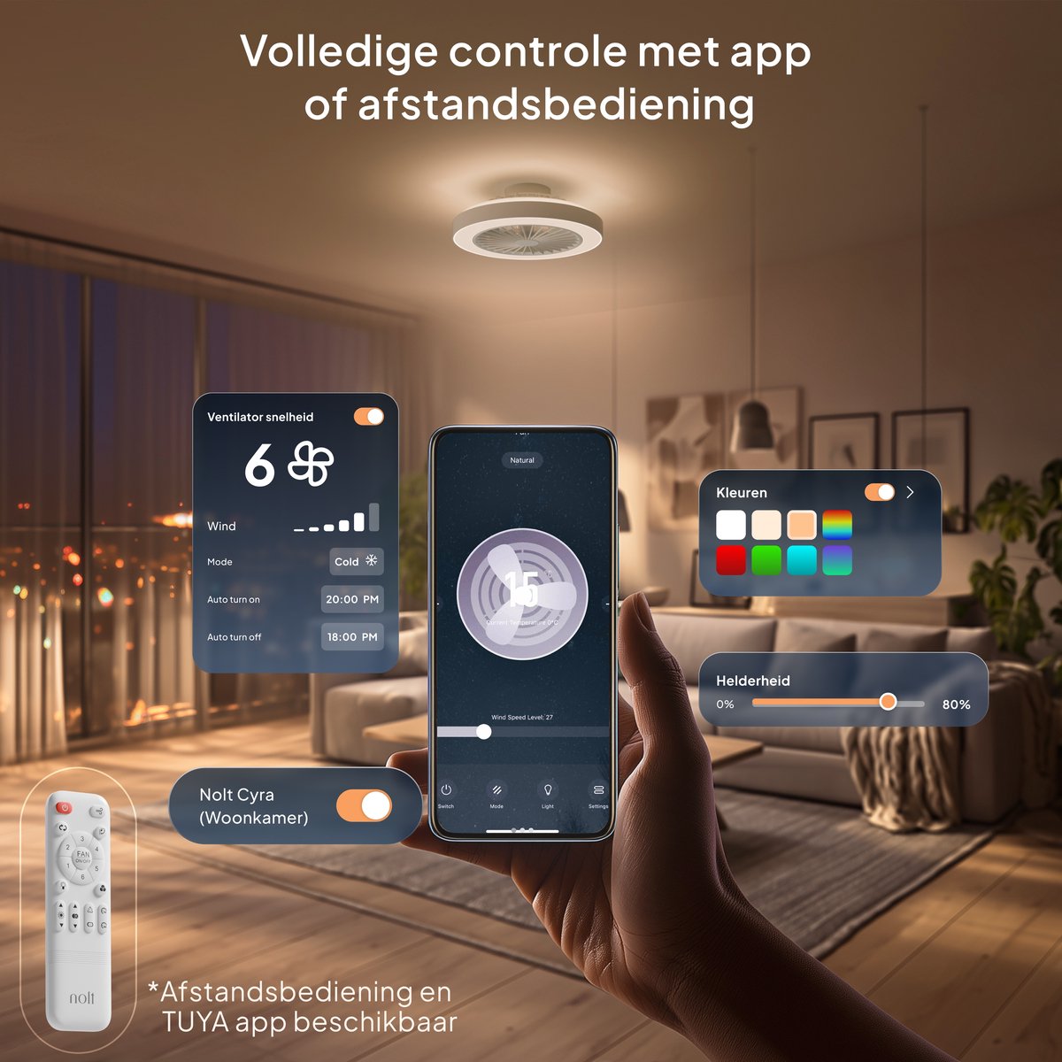 Nolt Plafondventilator met RGB Verlichting - Plafondlamp Ventilator - Plafonniere - LED RGBW - Tuya Wifi Smart - Afstandsbediening - ⌀ 50cm - Wit