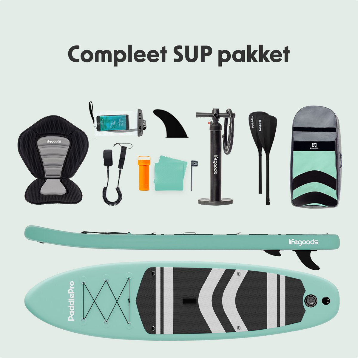 LifeGoods PaddlePro SUP Board - met Zitje - Opblaasbaar - Complete Set - Max. 135KG - 320x81cm - Pastelgroen