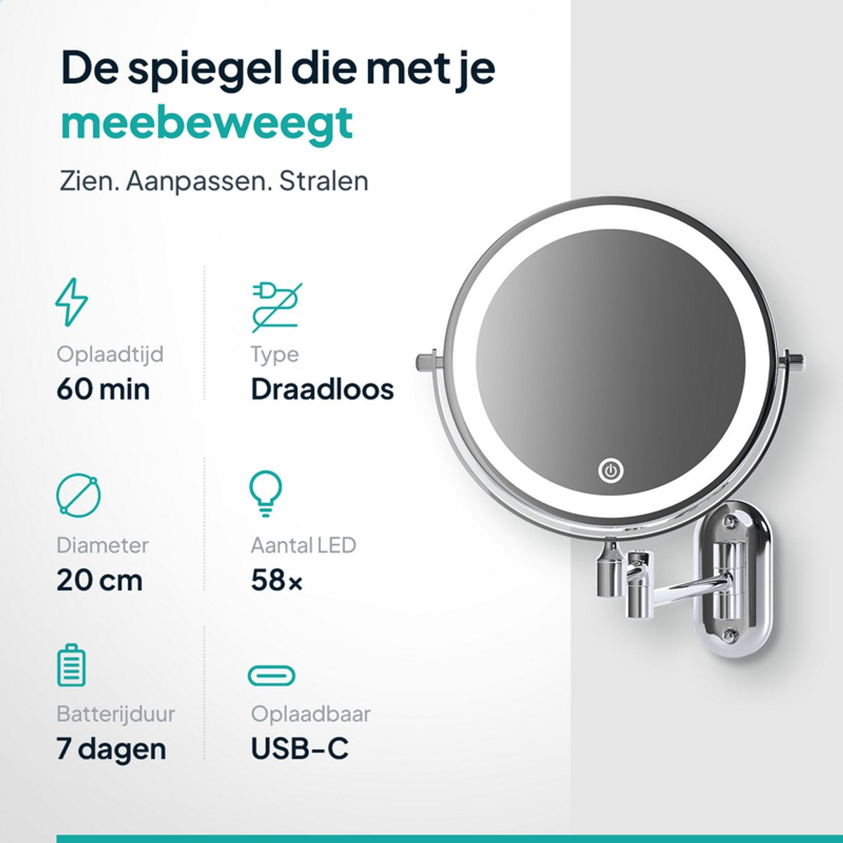 Mirlux Make-Up Spiegel met LED Verlichting 20 cm – 10x Vergroting – Oplaadbaar – Wandspiegel met Uitschuifbare Arm – Chroom