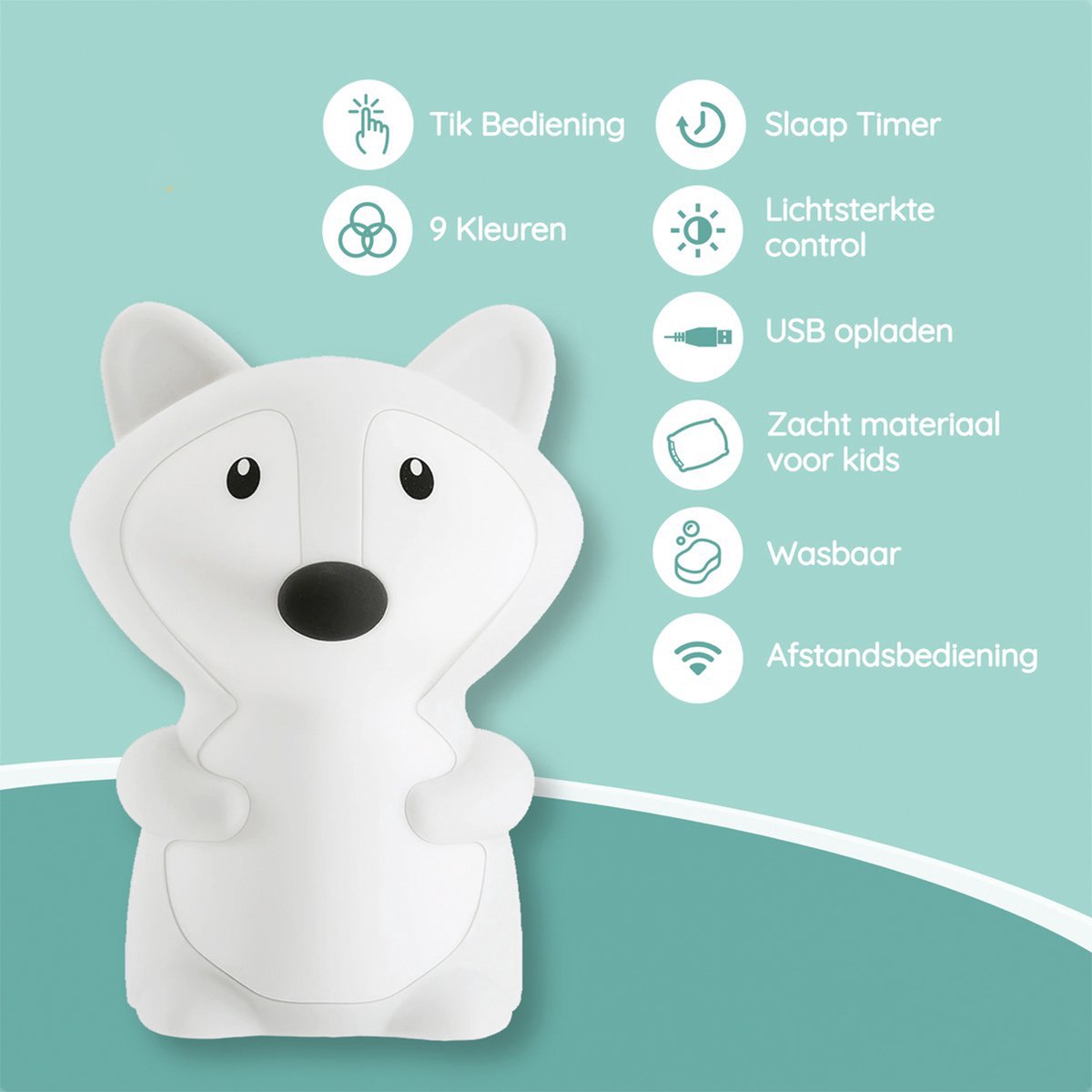Sleepy Friends Kinder Nachtlampje Vosje - USB Oplaadbaar en Dimbaar - 8 Kleuren - 95x97x100 mm - Zacht Siliconen Nachtlampje voor Babykamer en Kinderkamer