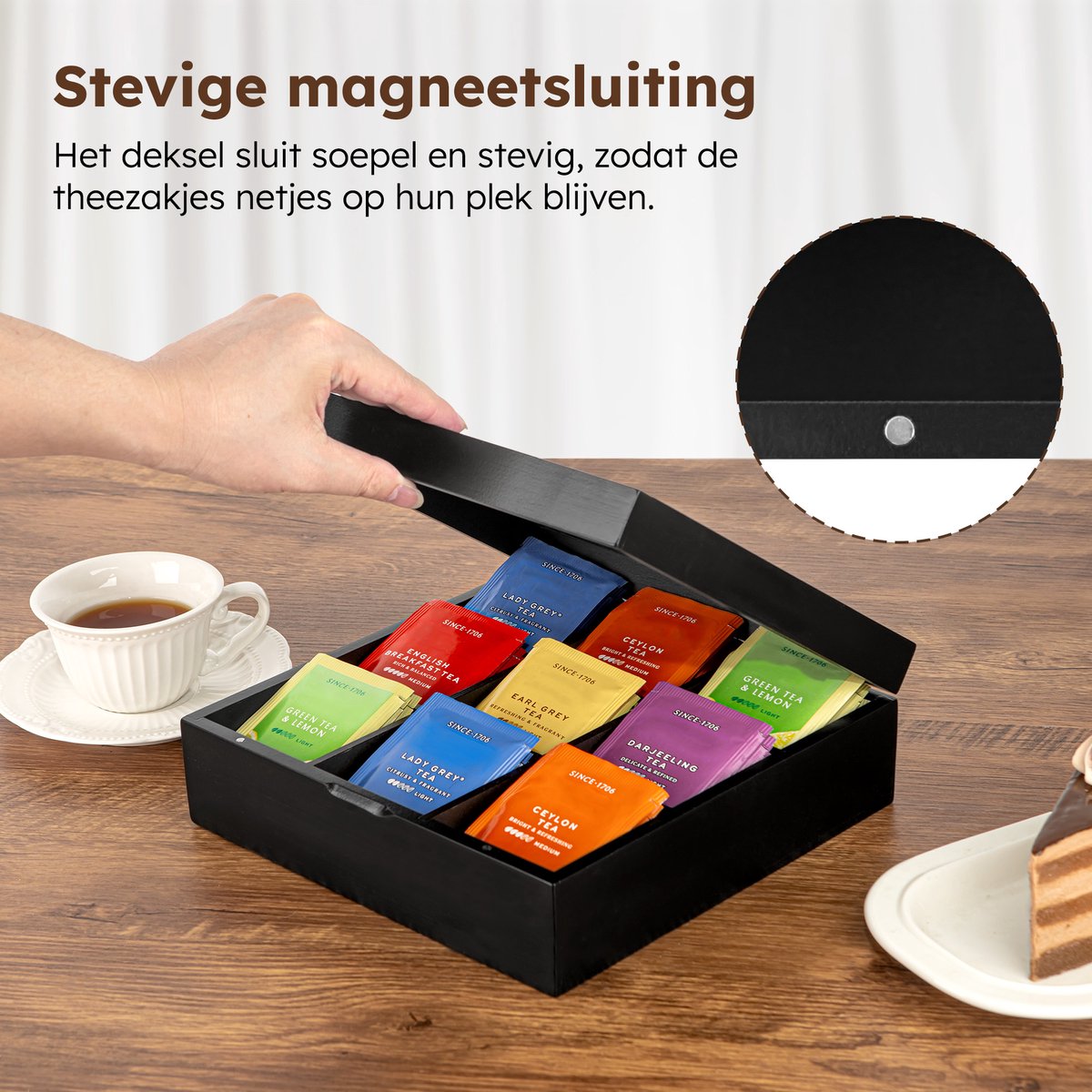 Nimma Theedoos – 9 Vaks – Zwart – FSC Hout – Met Magneetsluiting