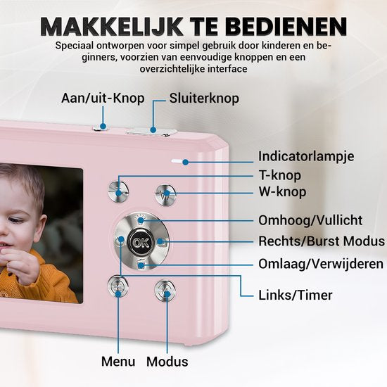 K&L Digitale Camera - Fototoestel - Fotocamera - Compact Camera - Vlog Camera - Voor Kinderen - Inclusief 32GB - Roze