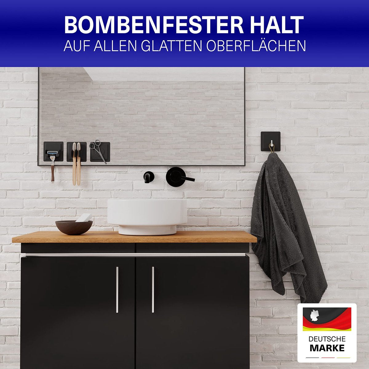 LOBUX® - zelfklevende tandenborstelhouder, super stevig [soft-touch silicone] - opzetborstel voor elektrische tandenborstels - voor badkamer, spiegel, douche, muur (zwart)