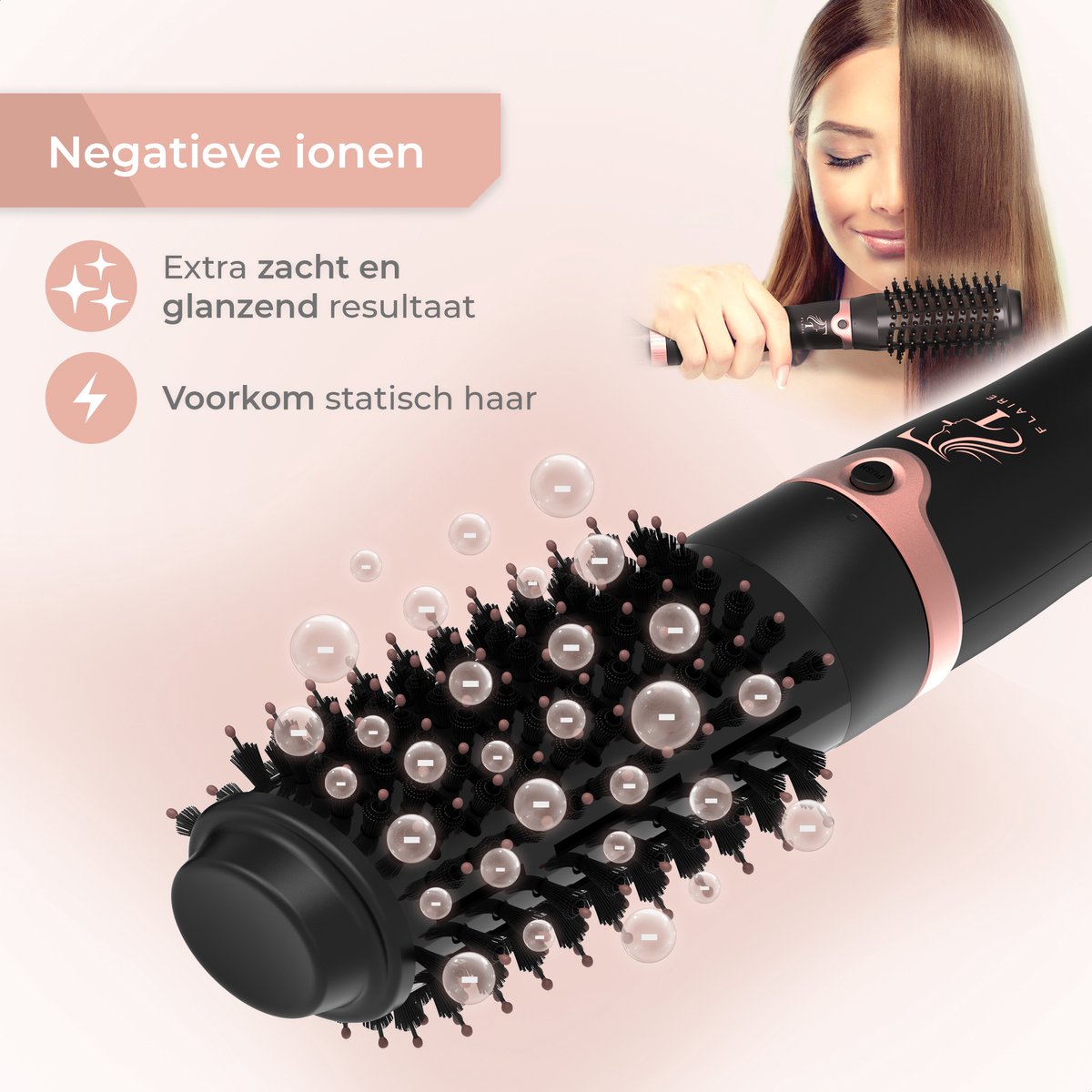 Flaire ROSÉ Föhnborstel met 3 Opzetstukken - Keramische Krulborstel - Ionisch - 1200W - Zwart
