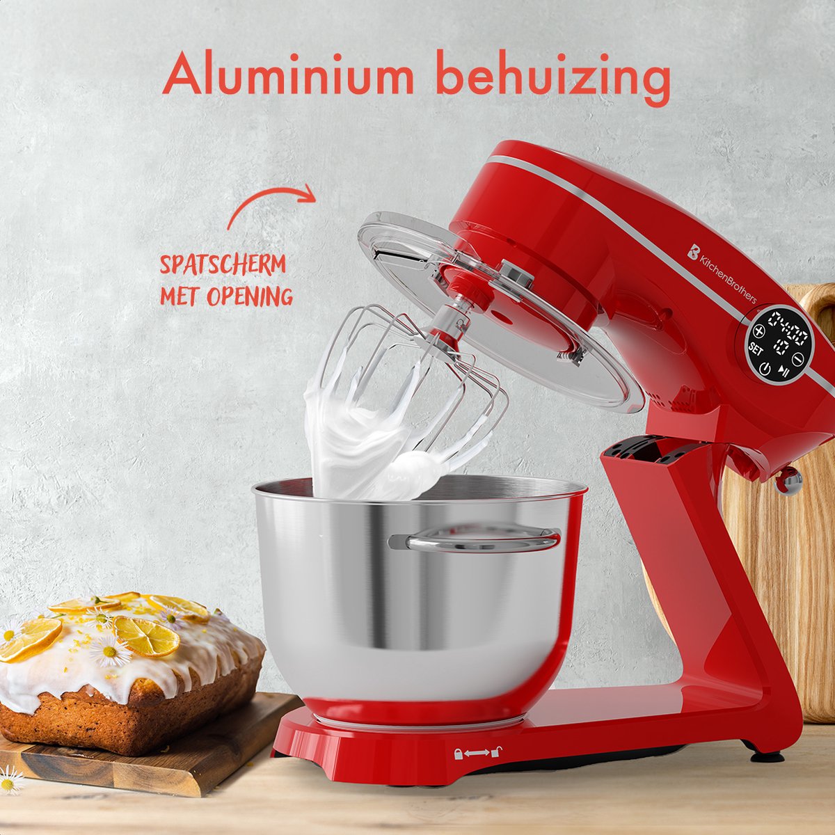 KitchenBrothers Keukenmachine - Touch Display en Timer - Keukenrobot - 6L - 1800W - Aluminium - Rood
