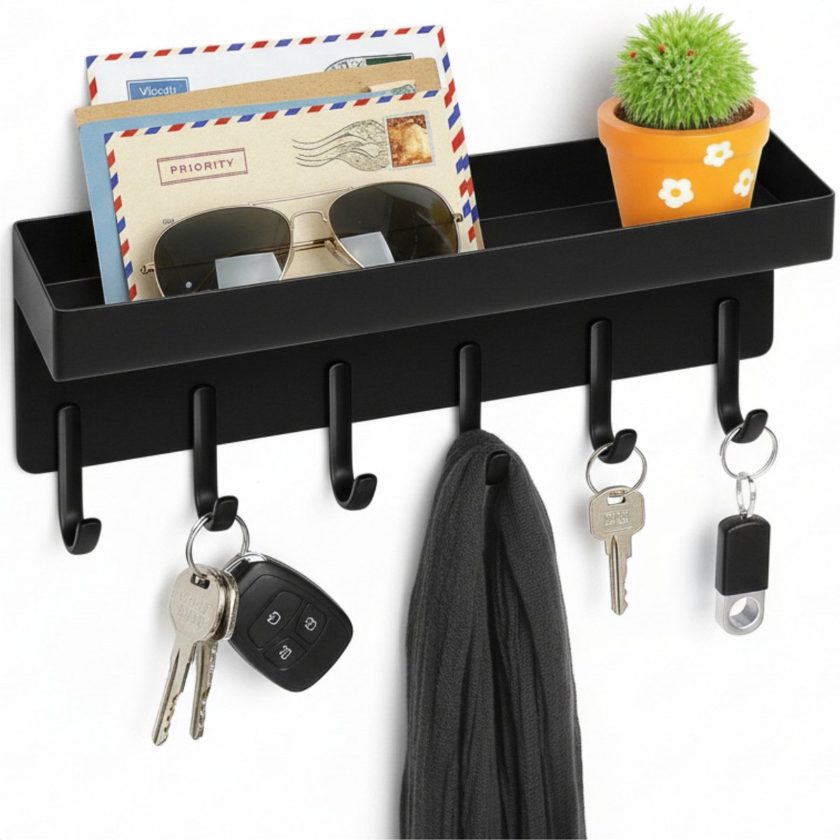 Luft Sleutelhouder met Plank - 6 Haken - Kapstok - Organizer - Muur - Industrieel - Zwart