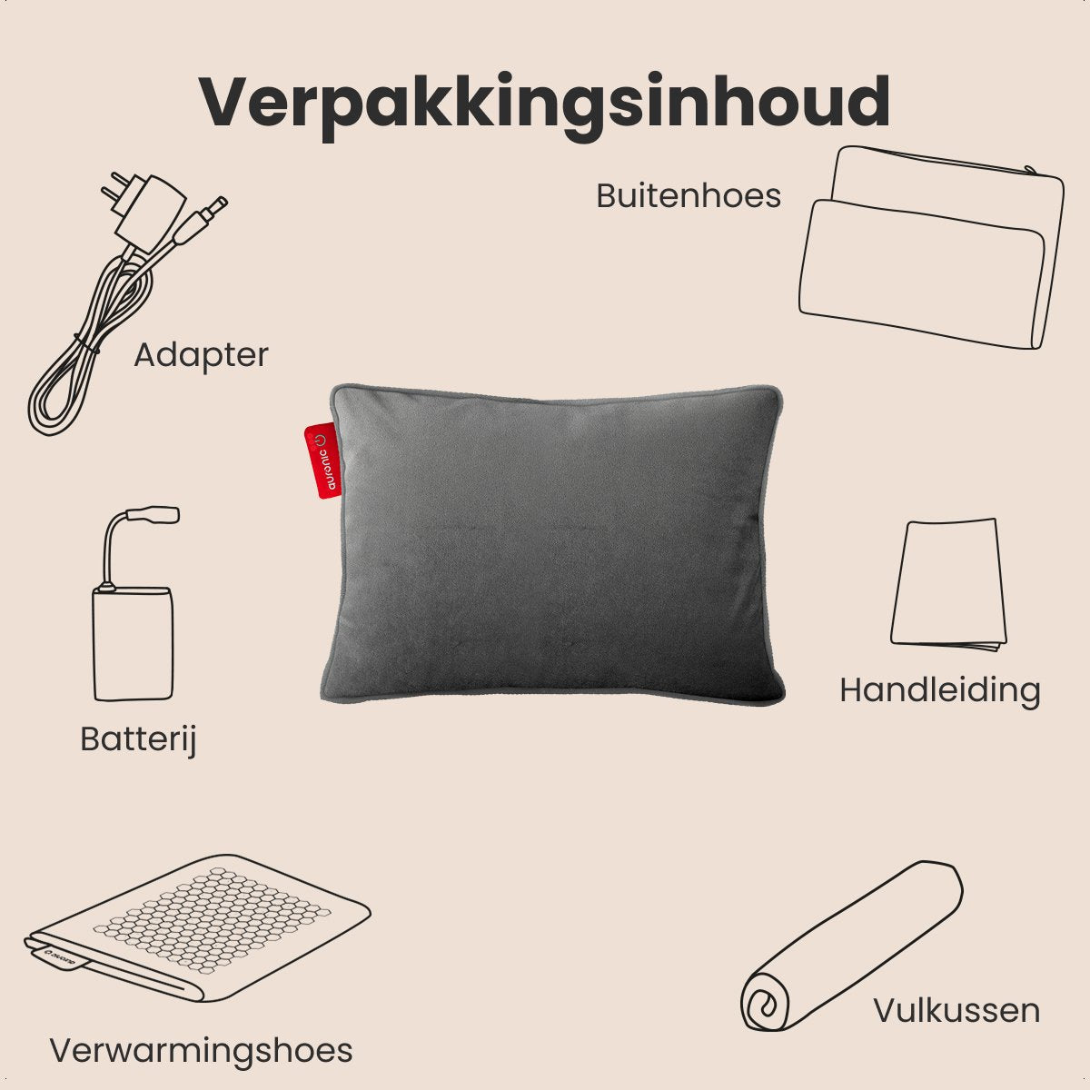 Auronic Warmtekussen - Velvet - 45x60 - Draadloos - Oplaadbaar - Elektrisch kussen - Infrarood - Grijs