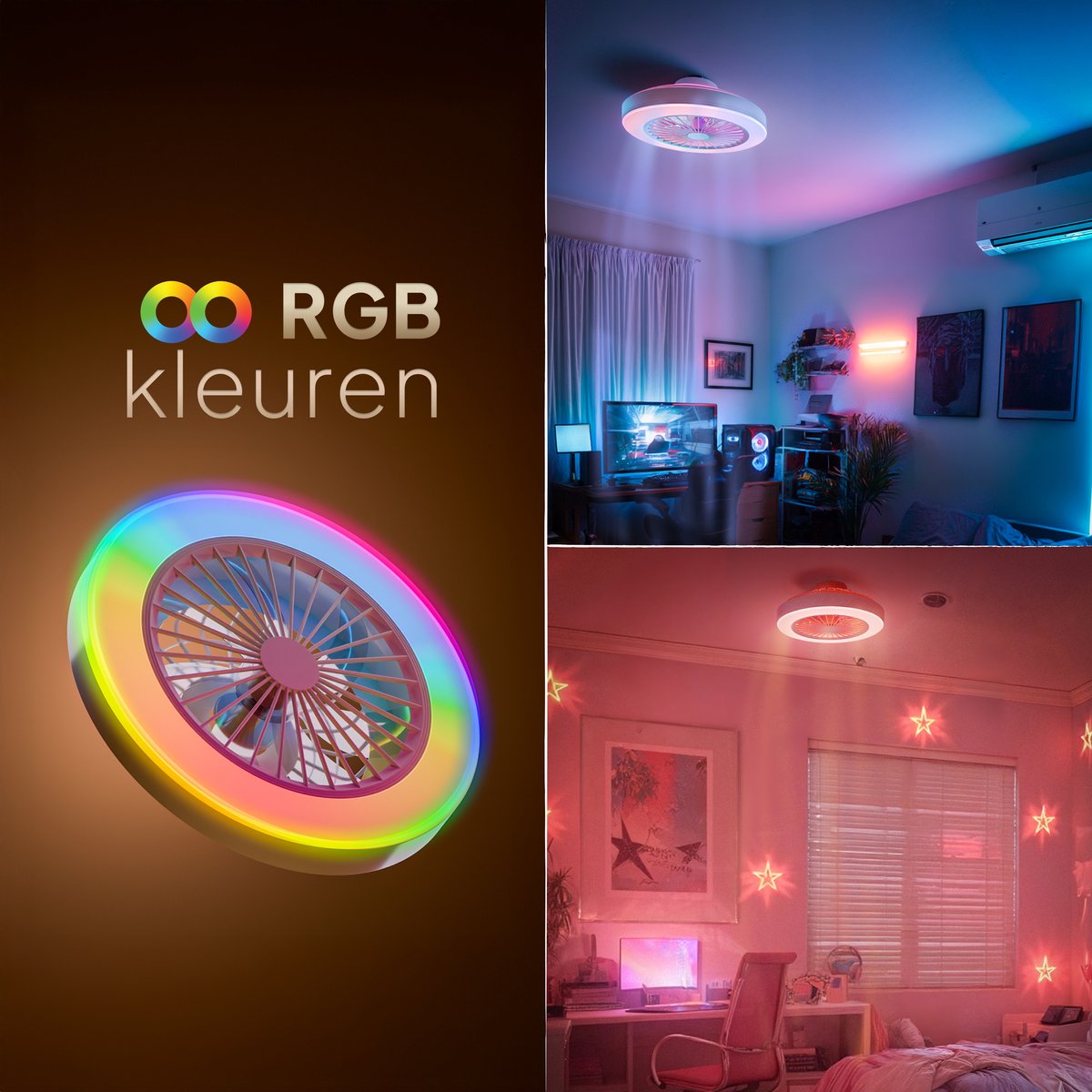 Nolt Plafondventilator met RGB Verlichting - Plafondlamp Ventilator - Plafonniere - LED RGBW - Tuya Wifi Smart - Afstandsbediening - ⌀ 50cm - Wit