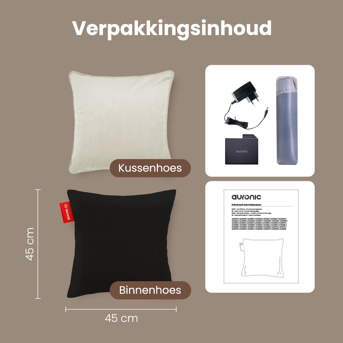 Auronic Draadloos Warmtekussen – Velvet 45x45 cm | Oplaadbaar & Elektrisch | Infrarood Verwarming | 3 Warmtestanden | Taupe