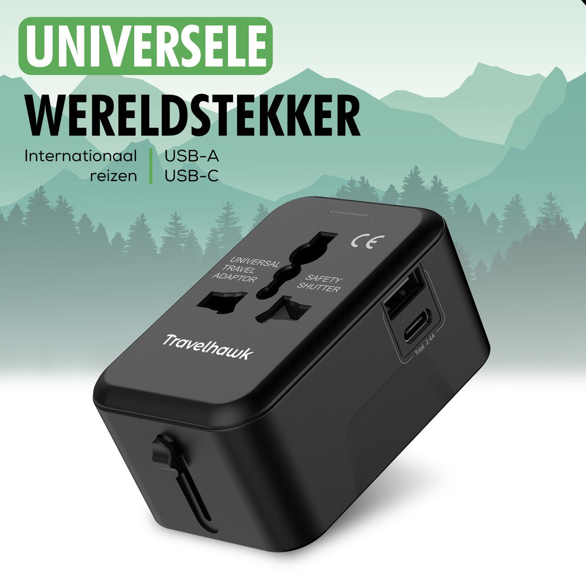 TravelHawk Universele Wereldstekker Zwart - USB-C & USB Poort - Voor 150+ Landen - Compact 7,5 x 5 x 3,5 cm