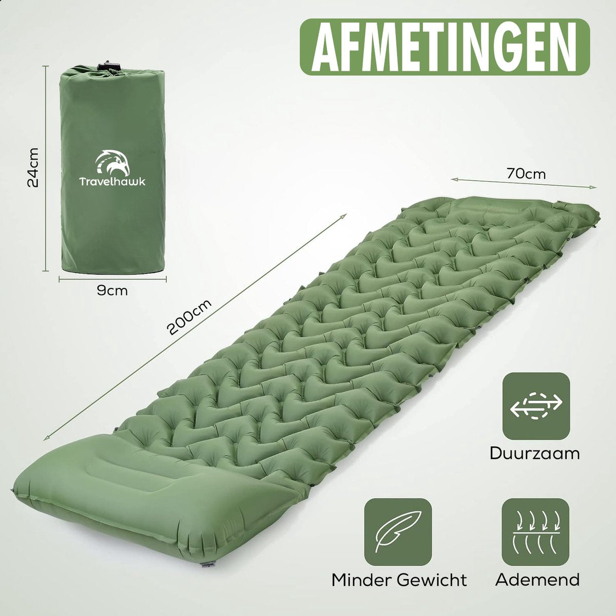 Travelhawk Luchtbed - Campingbedje - Ingebouwde Pomp - 1 persoons - Slaapmatje 1 Persoons - Kliksysteem - Groen