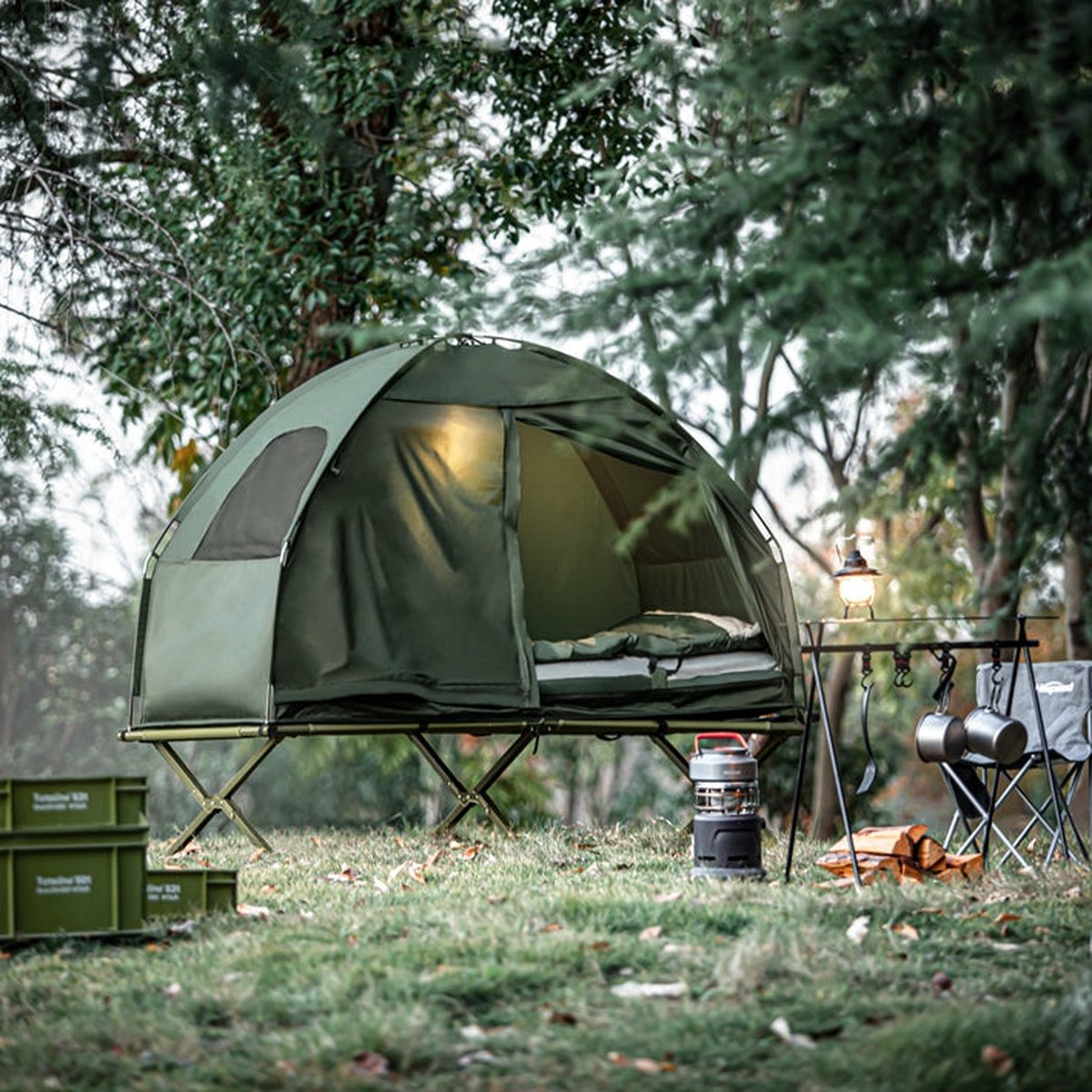 SoBuy - 4-in-1 Campingtent Kit - Pop-Up Tent - Draagbaar Kampeerbed - Buitenligstoel - Duurzaam Oxford Nylon - Muggenbescherming - Eenvoudige montage - 193x160x86cm - Groen