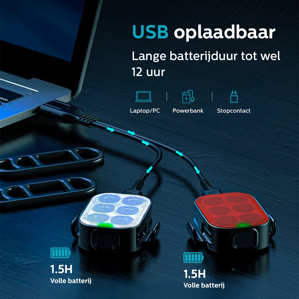Inlustro LED Fietslamp Set – Voor- en Achterlicht – USB Oplaadbaar – Waterdicht – 7,5 x 3,2 cm – Zwart