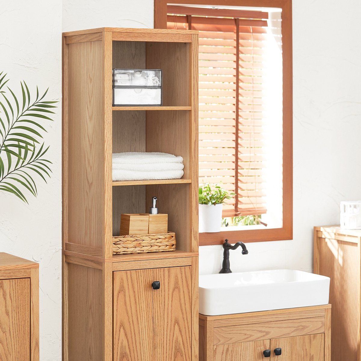 SoBuy BZR95-N Badkamerkast - Wood Composite Hoge Kast met Planken & Wasmand - 172 x 40 x 35 cm -Houtkleur